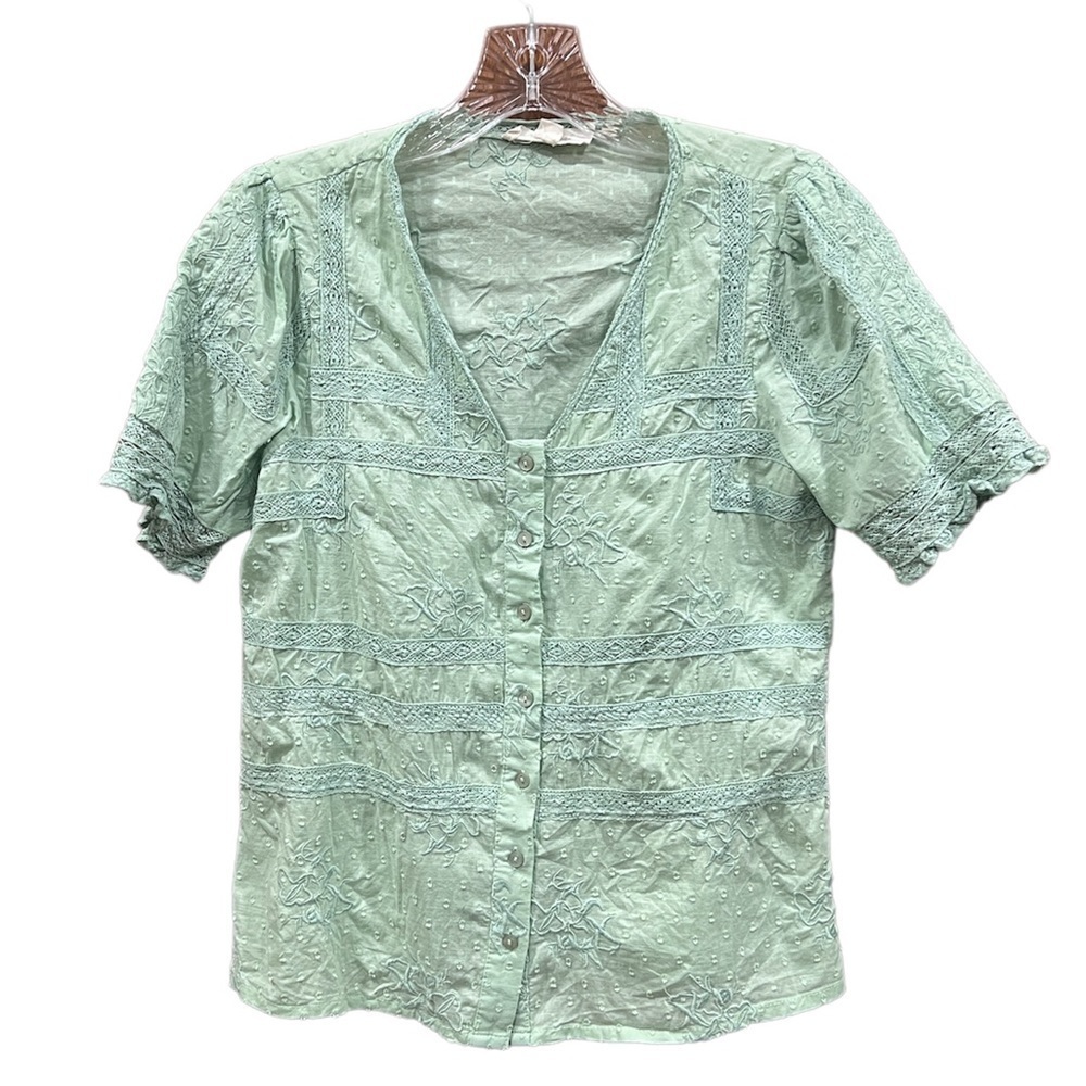 Anthropologie ForeverThatGirl Mint Green Boho Embroidered Button Down Blouse Sm